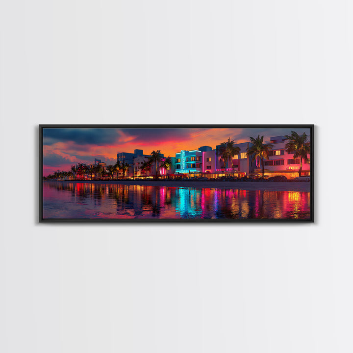 Vibrant Neon Miami Waterfront At Sunset Canvas Print, Tropical Palm City Wall Art, Coastal Home Decor, Art Deco Travel Poster Gift