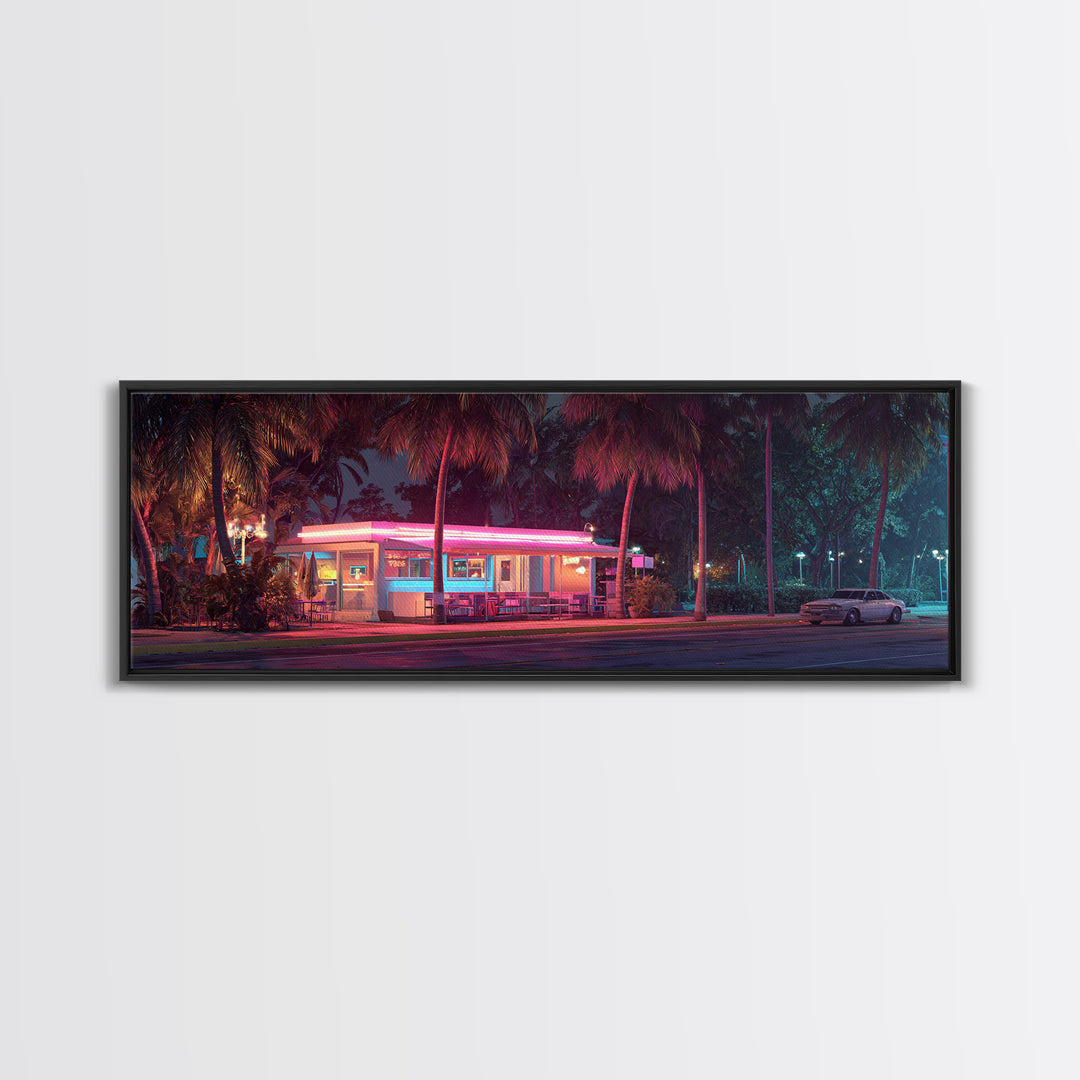 Neon Retro Diner At Night Framed Canvas Print, Cyberpunk Wall Art For Kitchen Bar Decor, Miami Vaporwave Home Decor Poster