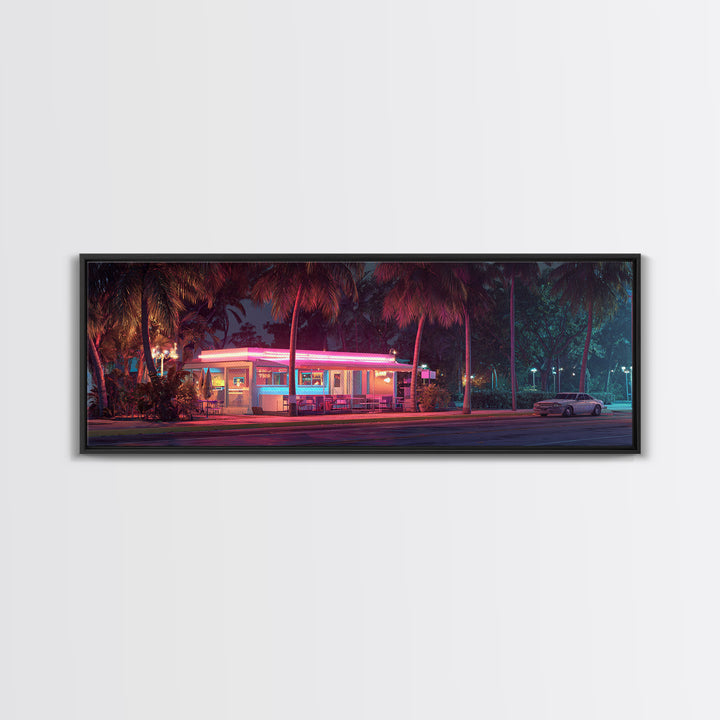 Neon Retro Diner At Night Framed Canvas Print, Cyberpunk Wall Art For Kitchen Bar Decor, Miami Vaporwave Home Decor Poster