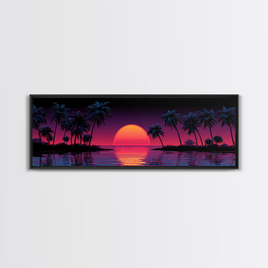 Neon Tropical Sunset Canvas Print, Retro Palm Tree Wall Art, Vaporwave Beach Decor, Coastal Summer Living Room Art, Large Poster