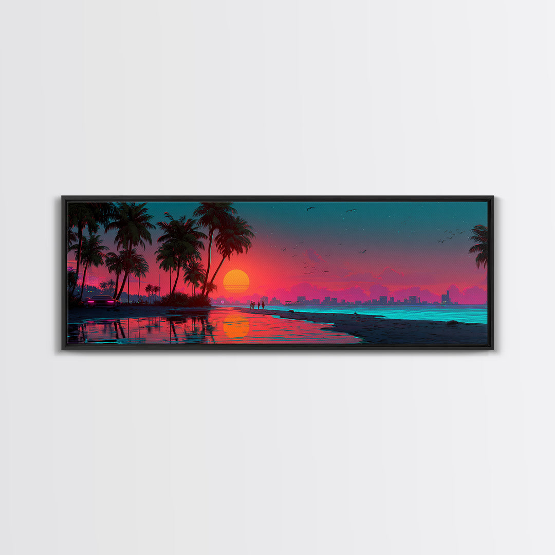 Neon Tropical City Beach Sunset Wall Art, Synthwave Ocean Skyline, Retro Futuristic Large Horizontal Coastal Living Room Decor