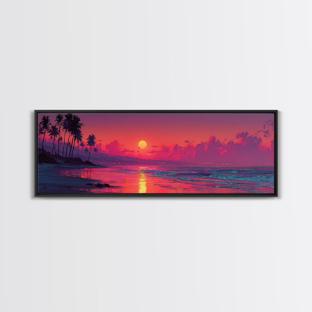Magenta Tropical Beach Sunset Wall Art, Coastal Seascape Canvas Print, Palm Tree Decor, Summer Vibes, Living Room Poster
