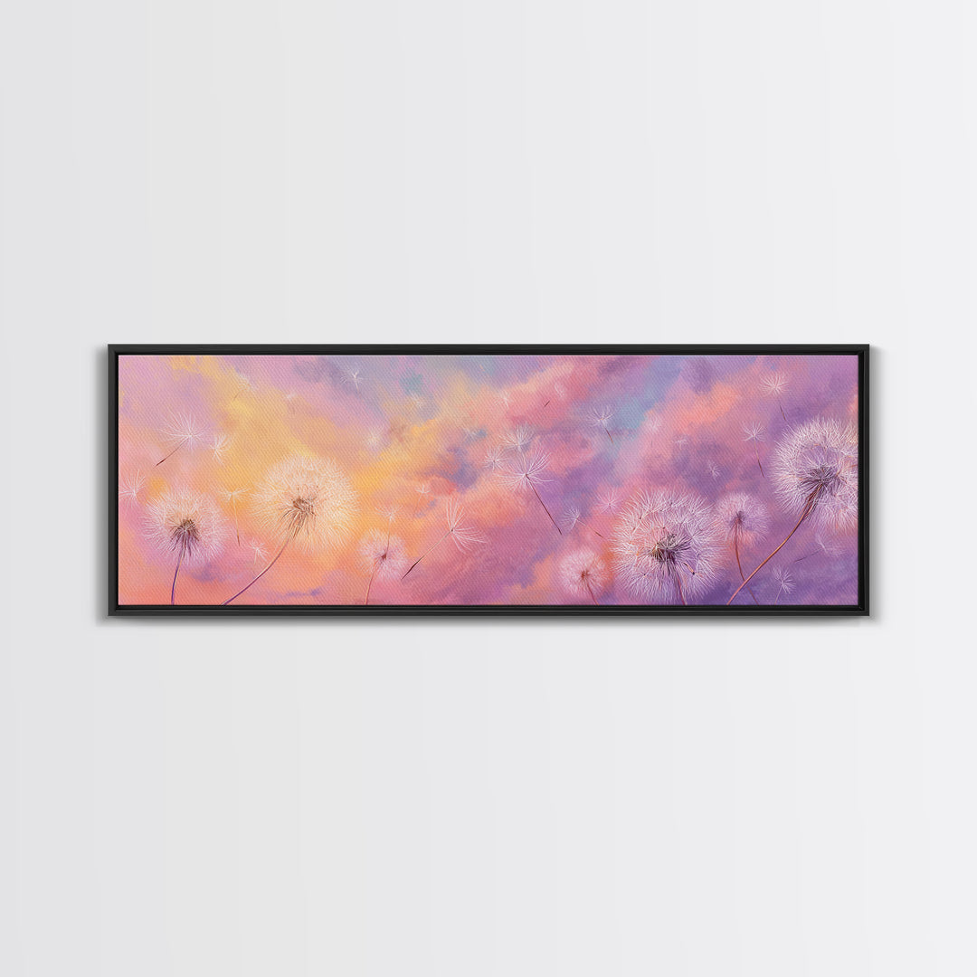 Pastel Dandelion Wishes Wall Art, Dreamy Wildflower Sky Print, Soft Floral Nursery Decor, Whimsical Bedroom Canvas Art, Gift For Her