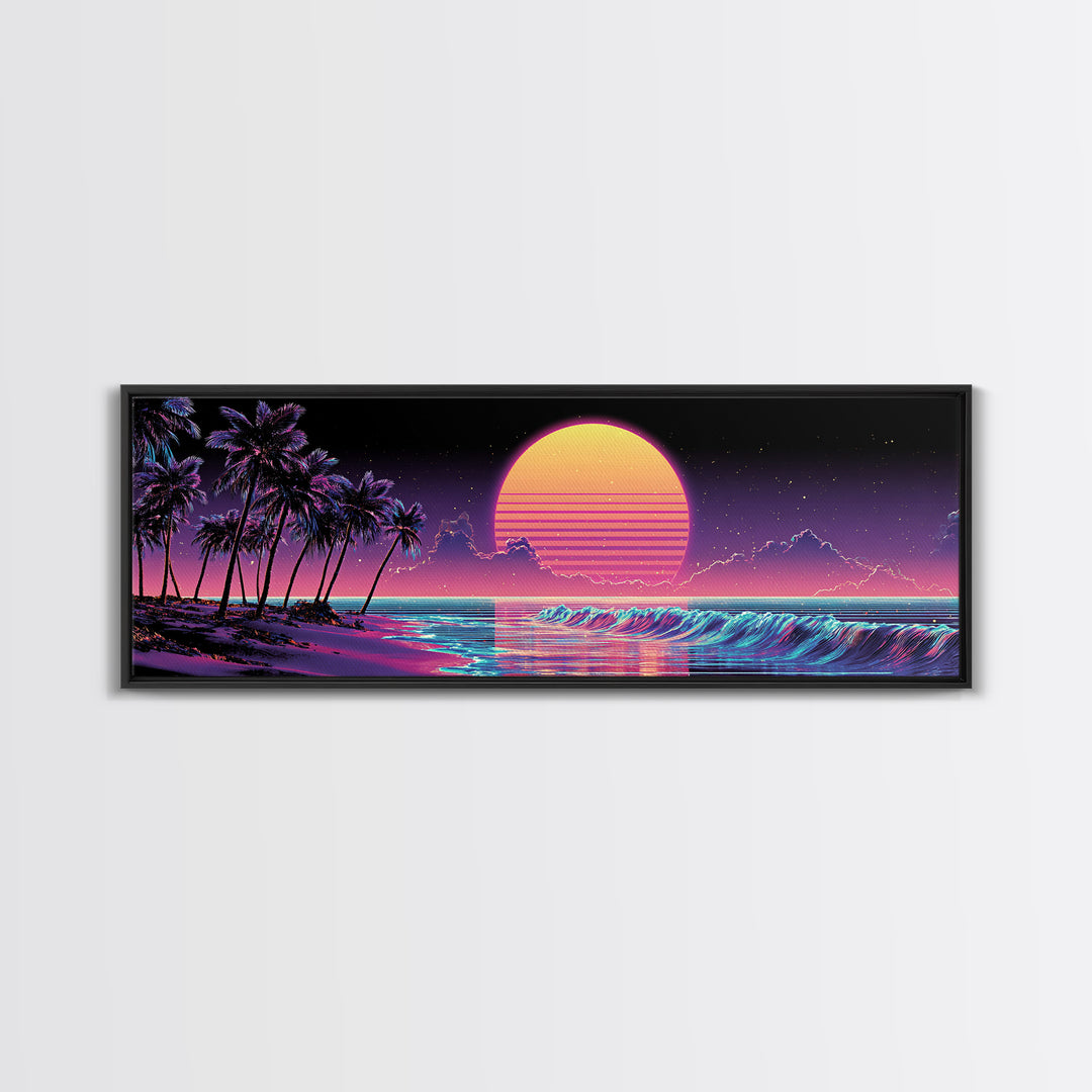 Neon Tropical Beach Sunset Canvas Print, Retro Palm Tree Ocean Wave Wall Decor, Vaporwave Coastal Art For Living Room Modern Home Decor