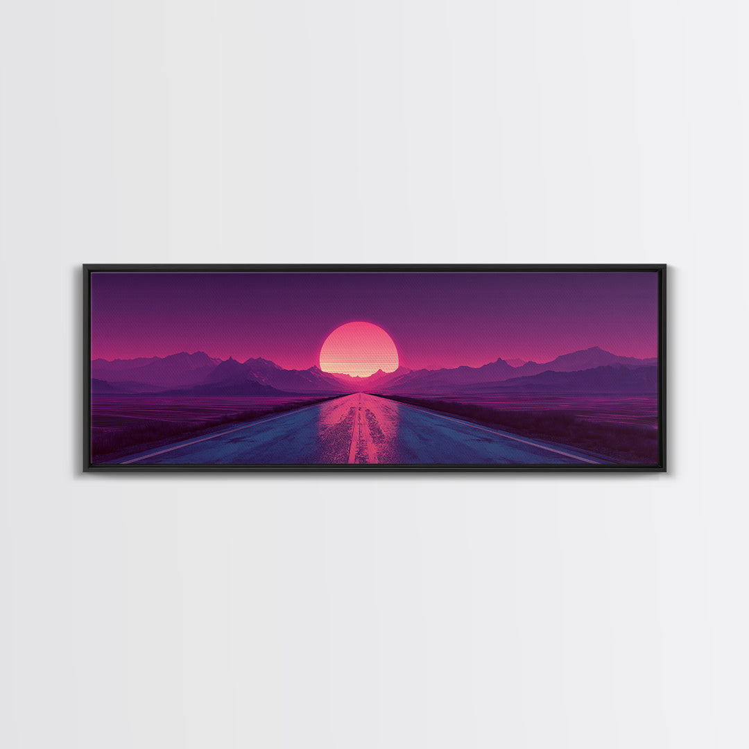 Magenta Desert Road Wall Art, Retro Futuristic Mountain Sunset Canvas Print, Synthwave Decor, Large Horizontal Wall Art Print