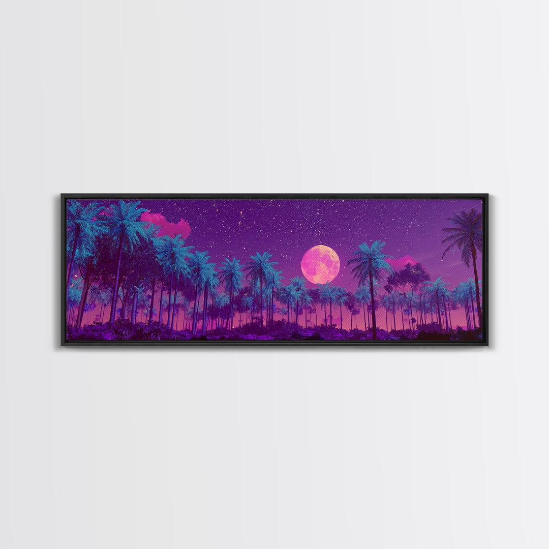 Magenta Moonlit Palm Forest Wall Art, Tropical Night Landscape, Celestial Decor, Purple Jungle, Boho Bedroom Wall Decor, Canvas Print