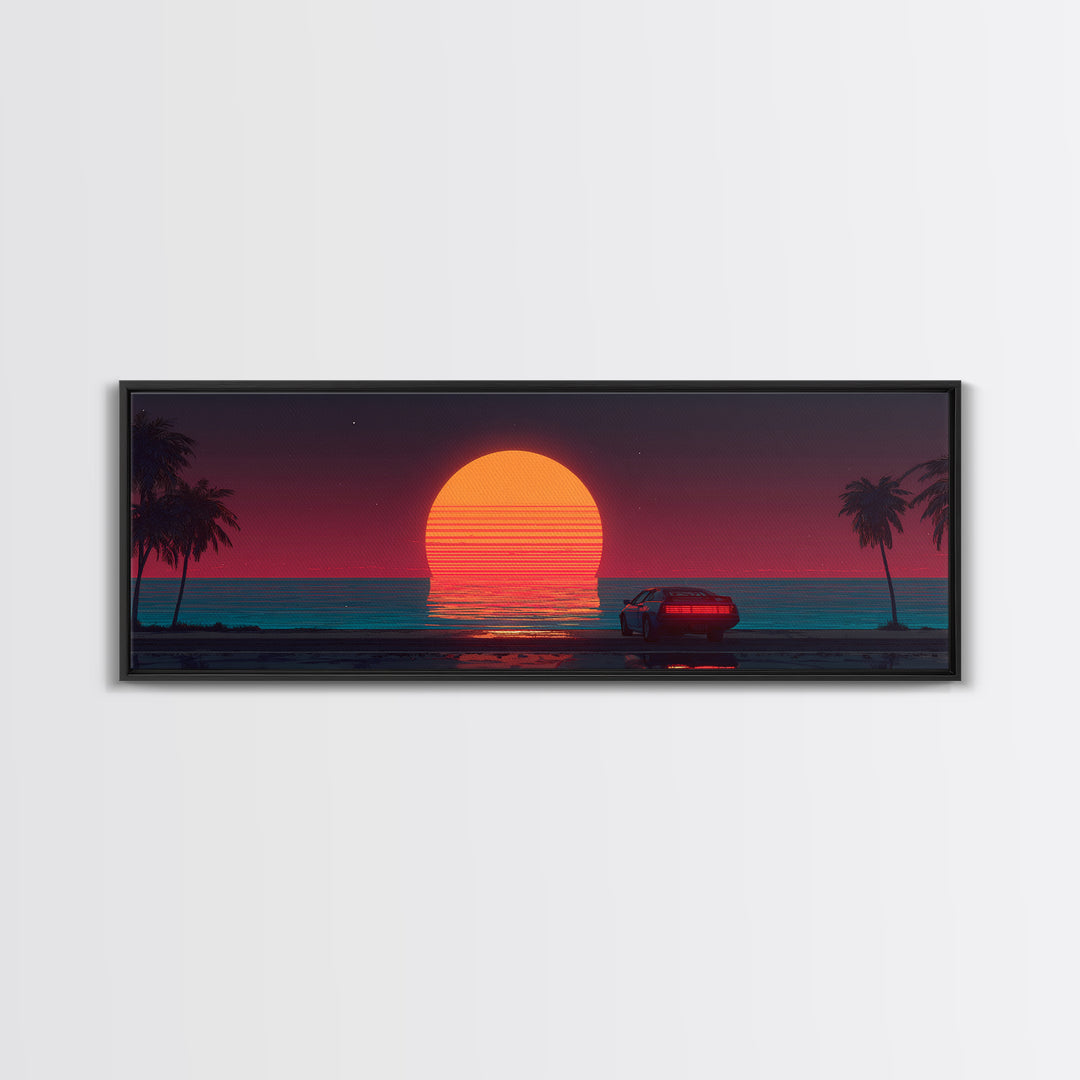 Retro Car At Neon Ocean Sunset Canvas Print, Synthwave Wall Art, Vaporwave Beach Decor, Masculine Office Art Gift For Him
