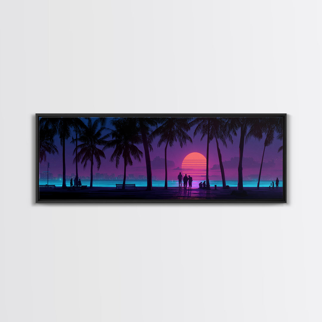 Retro Tropical Beach Sunset Canvas Print, Palm Tree Wall Art, Coastal Wall Decor, Purple Pink Modern Bedroom Wall Art Print