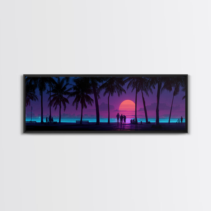 Retro Tropical Beach Sunset Canvas Print, Palm Tree Wall Art, Coastal Wall Decor, Purple Pink Modern Bedroom Wall Art Print