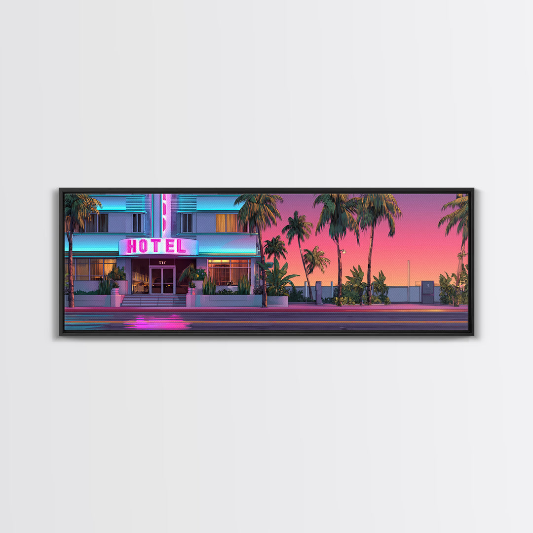 Neon Pink Hotel Facade Wall Art, Retro Miami Palm Canvas Print, Tropical Travel Poster Decor, Coastal Motel Room Print Home Decor Gift