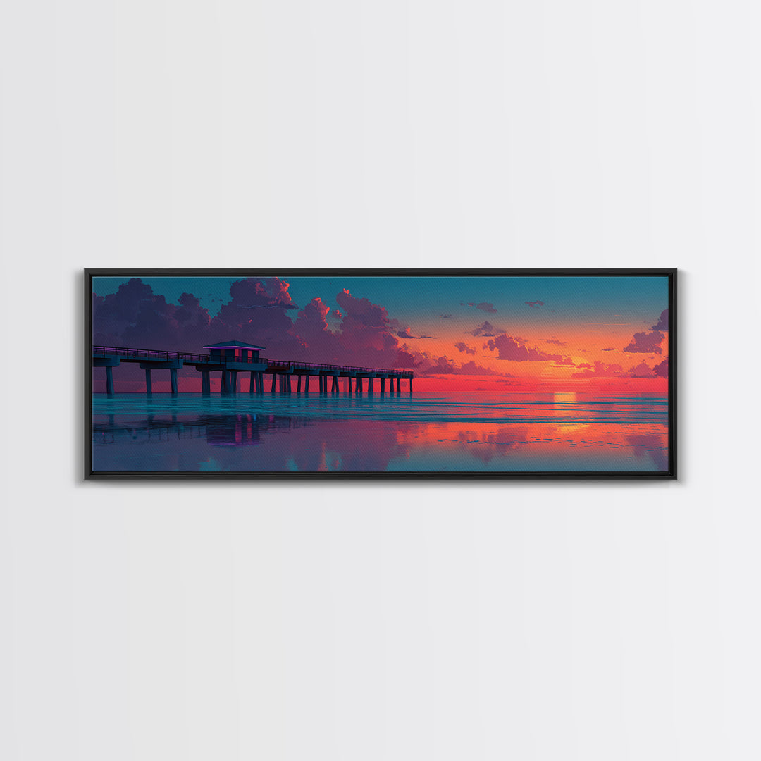 Sunset Pier Ocean Reflection Canvas Print, Coastal Wall Art, Beach House Decor, Seascape Painting, Nautical Living Room Art