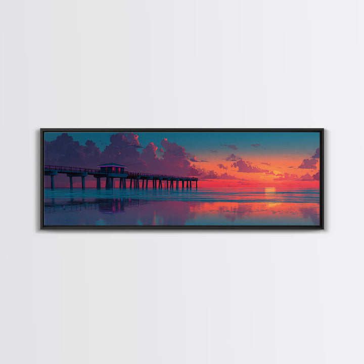 Sunset Pier Ocean Reflection Canvas Print, Coastal Wall Art, Beach House Decor, Seascape Painting, Nautical Living Room Art
