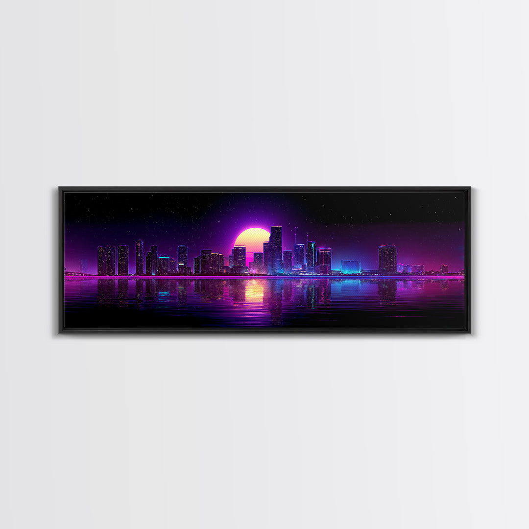 Neon City Skyline Moonrise Canvas Print, Purple Cyberpunk Wall Art, Miami Nightscape, Vaporwave Living Room Modern Home Decor