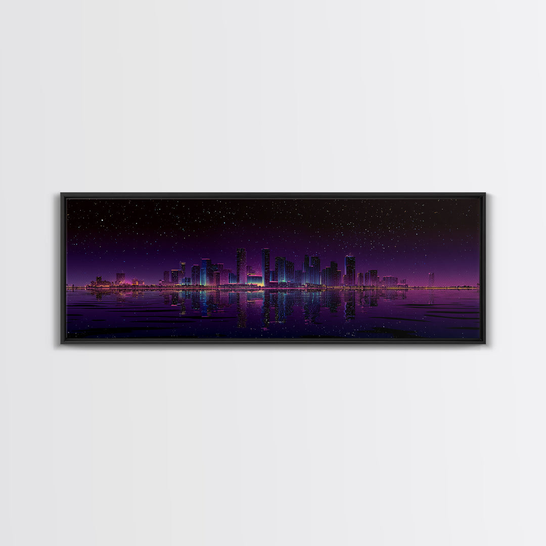 Starry Purple City Skyline Canvas Print, Panoramic Urban Night Wall Art, Modern Office Decor, Large Cityscape Poster Print
