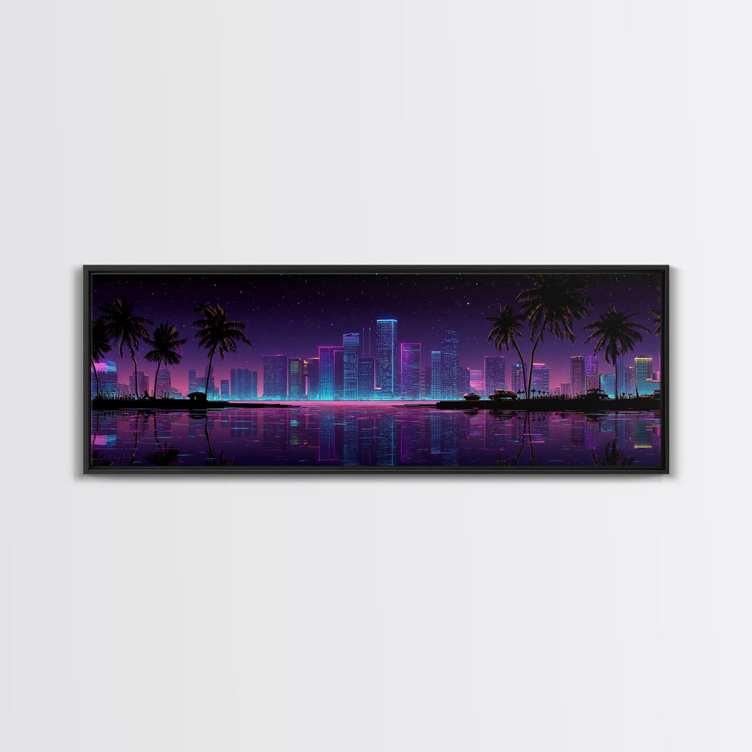 Neon Tropical City Skyline Canvas Print, Cyberpunk Wall Art With Palm Trees, Vaporwave Decor For Gaming Room And Apartment Decor