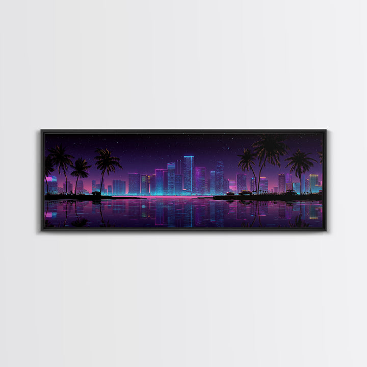 Neon Tropical City Skyline Canvas Print, Cyberpunk Wall Art With Palm Trees, Vaporwave Decor For Gaming Room And Apartment Decor
