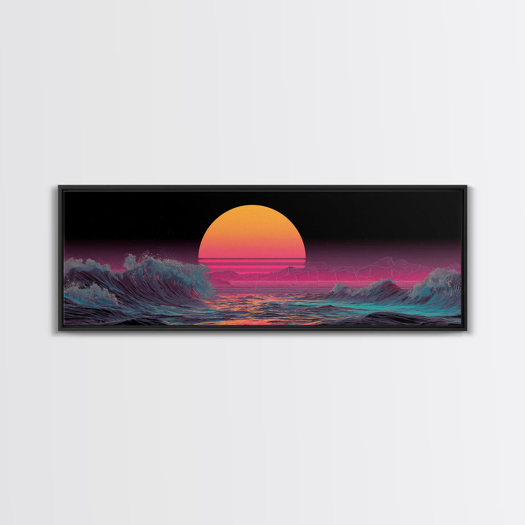 Retro Synthwave Ocean Sunset Wall Art, Neon Seascape Print, Vaporwave Coastal Decor, Futuristic Waves, Modern Gaming Room Art