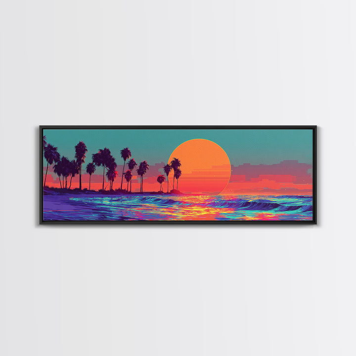 Neon Tropical Sunset Ocean Palms Canvas Print, Retro Vaporwave Wall Art, Coastal Decor, Beach House, Living Room Decor, Art Print
