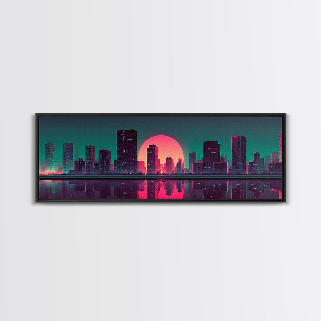 Neon City Skyline Reflection Canvas Print, Retro Futuristic Wall Art, Cyberpunk Office Decor, Modern Apartment Decor, Gift For Him