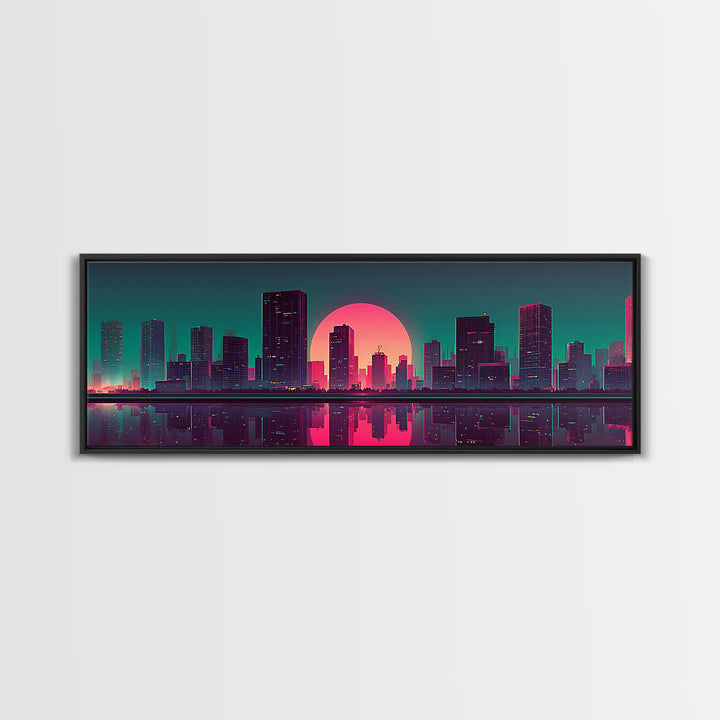 Neon City Skyline Reflection Canvas Print, Retro Futuristic Wall Art, Cyberpunk Office Decor, Modern Apartment Decor, Gift For Him