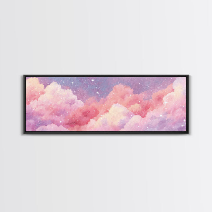 Pink Cotton Candy Clouds Wall Art, Dreamy Celestial Sky Print, Starry Nursery Decor, Pastel Bedroom Canvas Art Gift For Her
