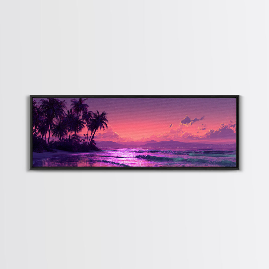 Tropical Purple Beach Sunset Wall Art, Palm Tree Ocean Landscape Canvas Print, Coastal Decor, Romantic Bedroom And Living Room Art