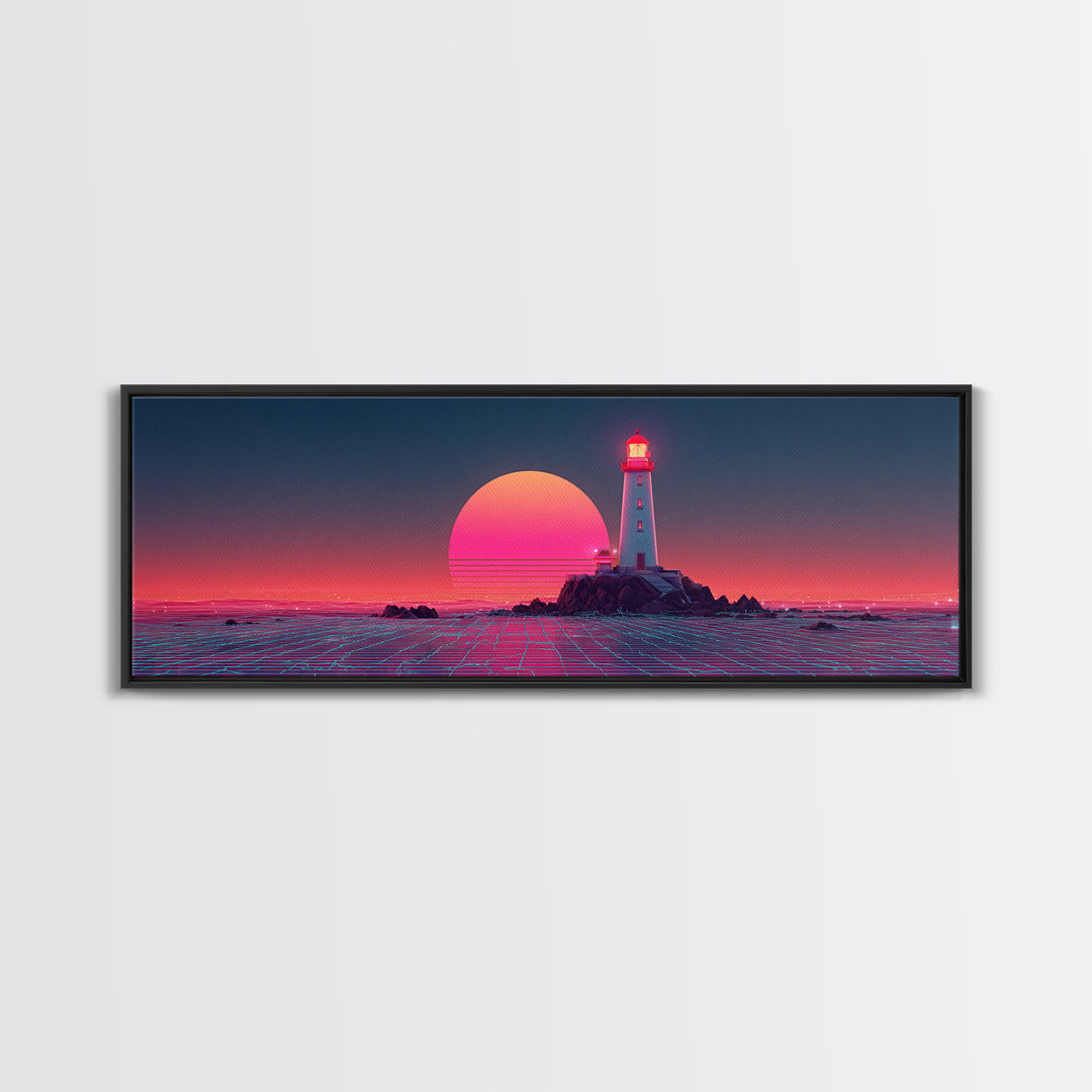 Neon Lighthouse Sunset Over Ocean, Synthwave Coastal Wall Art, Retro Futuristic Canvas Print, Large Beach House Decor, Wall Decor