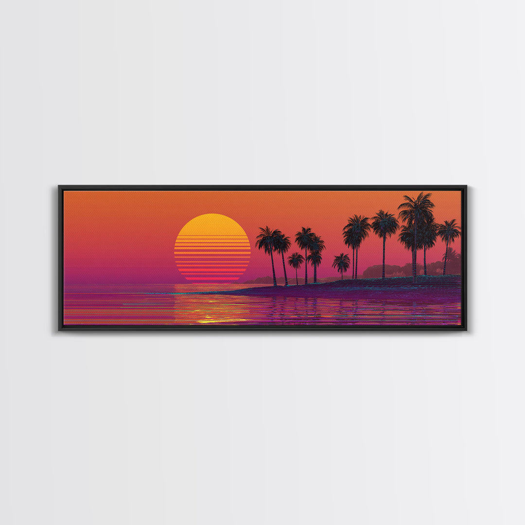 Retro Palm Beach Sunset Canvas Print, Tropical Ocean Wall Art, Vaporwave Coastal Decor For Living Room And Bedroom Wall Decor