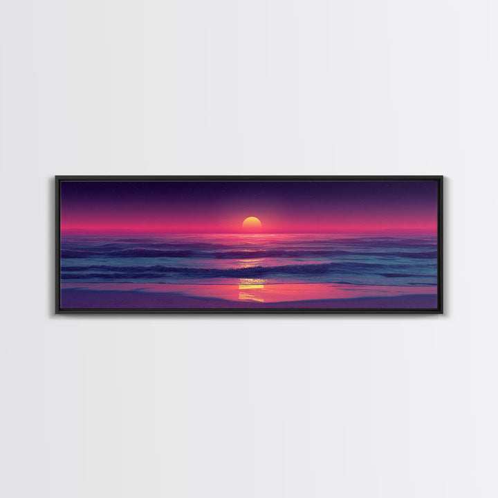 Pink Ocean Sunset Beach Canvas Print, Neon Seascape Wall Decor, Coastal Wall Art, Summer Beach House Living Room Decor Print
