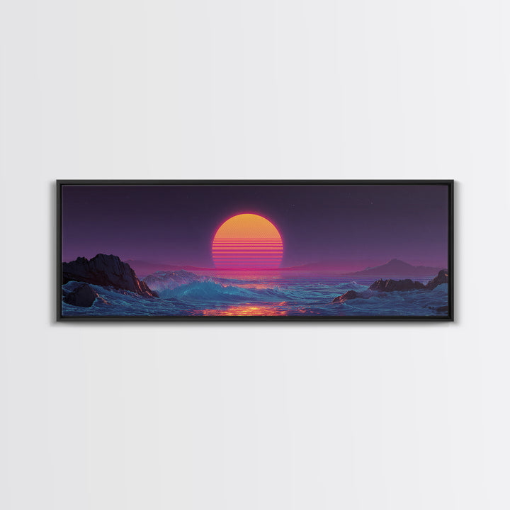 Neon Synthwave Sunset Over Alien Ocean Canvas Print, Retro Futuristic Wall Art, Vaporwave Coastal Bedroom Living Room Decor