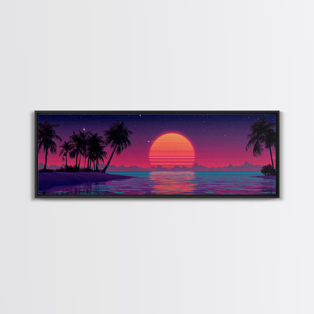 Neon Tropical Sunset With Palm Trees Wall Art, Retro Coastal Canvas Print, Beach House Decor, Large Panoramic Artwork For Living Room Decor