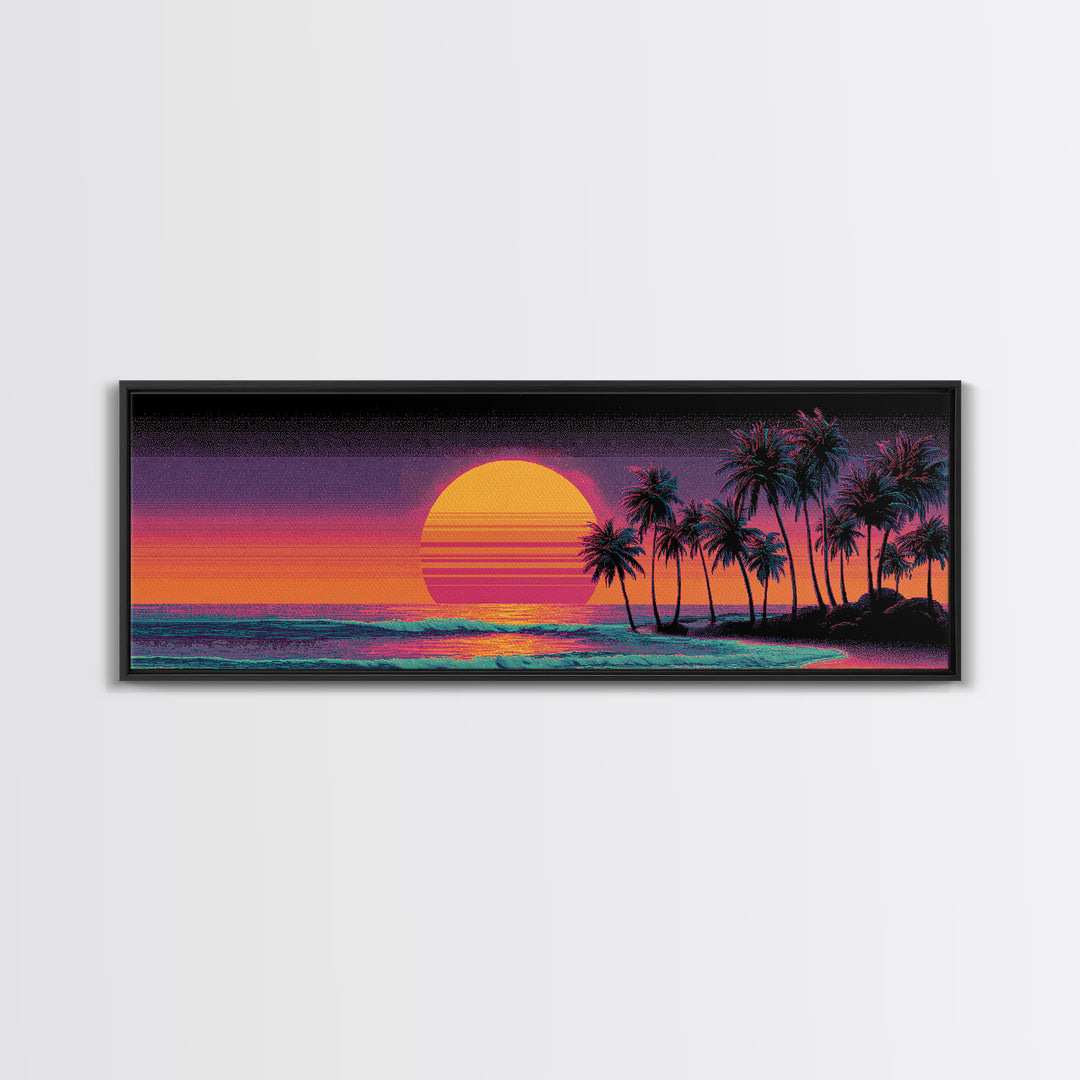 Vaporwave Palm Beach Sunset Wall Art, Retro Tropical Ocean Print, Neon Coastal Decor, Long Horizontal Canvas Print Poster