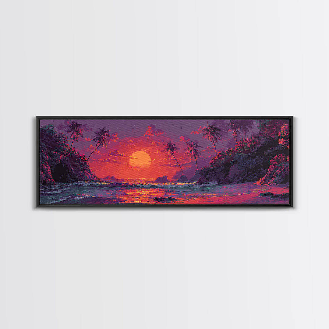 Vibrant Tropical Sunset Wall Art, Neon Palm Beach Seascape, Colorful Coastal Canvas Print, Island Living Room Home Decor Gift