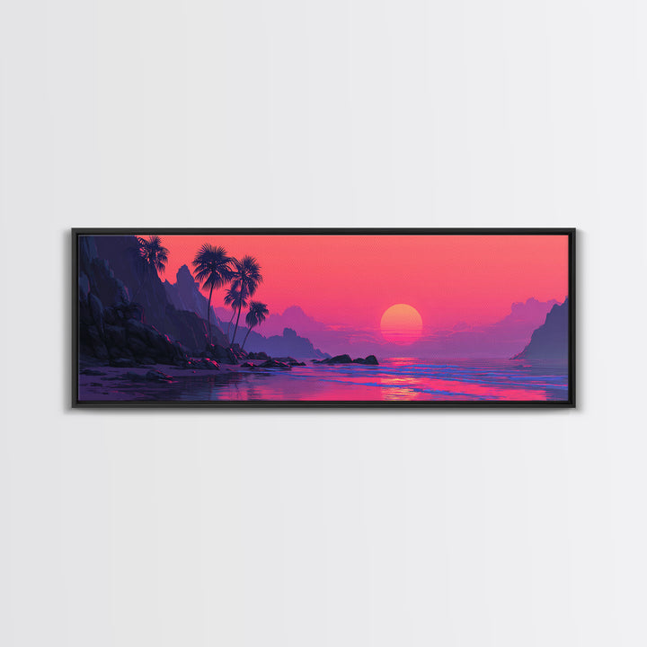 Magenta Tropical Cove Sunset Wall Art, Palm Island Ocean Landscape, Vaporwave Coastal Canvas Decor For Modern Living Room