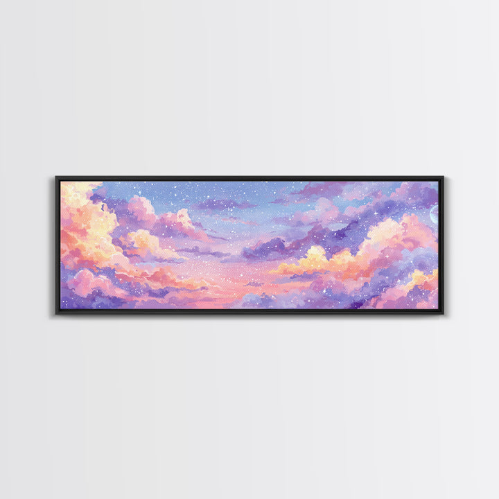 Pastel Starry Cloudscape Sunset Wall Art, Dreamy Sky Canvas Print, Whimsical Nursery Decor, Soft Aesthetic Bedroom Print