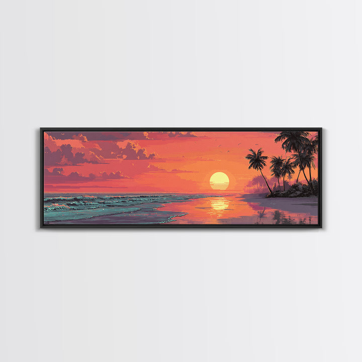 Pink Tropical Beach Sunset With Palm Trees Wall Art, Coastal Canvas Print, Ocean Decor, Summer Beach House Wall Decor, Living Room Art