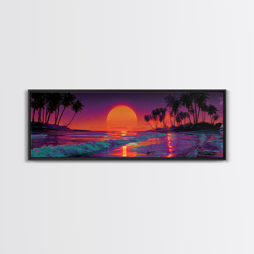 Tropical Sunset Beach With Palms And Waves, Coastal Wall Art, Retro Vaporwave Canvas Print, Beach House Decor, Large Wall Art