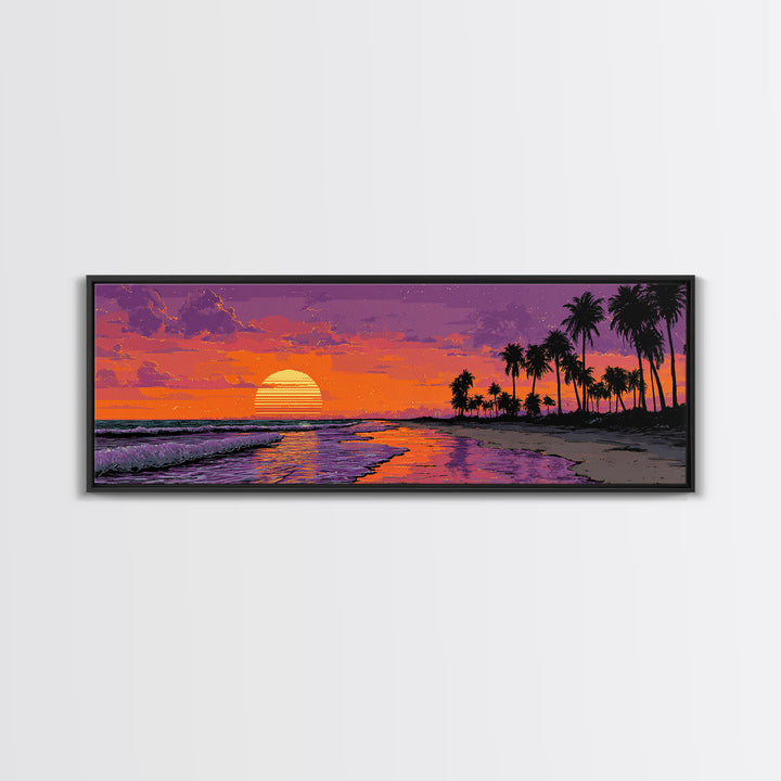 Pixel Tropical Beach Sunset With Palms Wall Art, Retro Coastal Canvas Print, Beach House Decor, Summer Travel Poster Gift