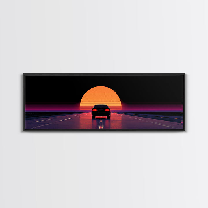 Retro Car Driving Into Striped Sunset, Synthwave Canvas Print, Vaporwave Wall Art, Man Cave Decor, Gift For Him, Retro Poster