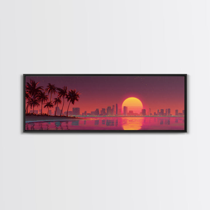 Retro Sunset City Skyline With Palm Trees Canvas Print, Synthwave Wall Art, Coastal Decor, Vaporwave Living Room Wall Decor