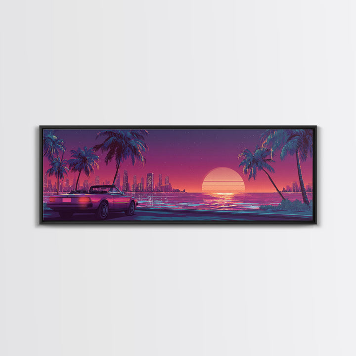Neon Retro Sports Car On Palm Coast Canvas Print, Vaporwave City Wall Art, Synthwave Decor, Gift For Him, Man Cave Decor