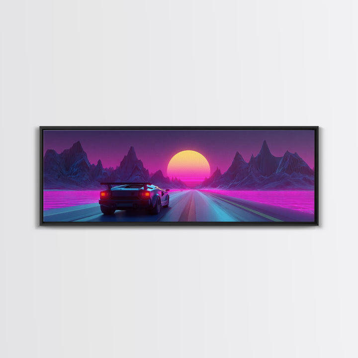 Neon Sports Car On Synthwave Highway Canvas Print, Retro Futuristic Wall Art, Cyberpunk Decor, Vaporwave Gaming Room Art