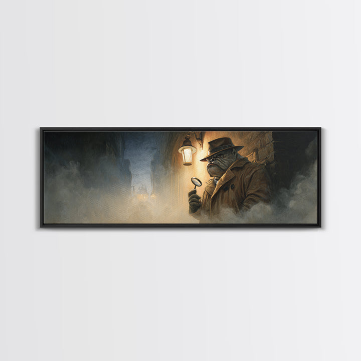 Noir Frog Detective In Foggy Alley Framed Canvas Print, Dark Academia Wall Art, Whimsical Animal Office Decor Gift For Him