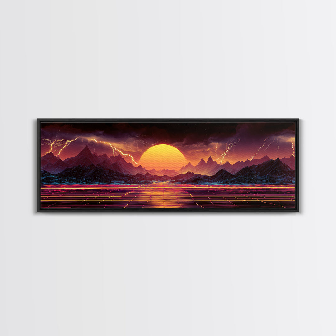 Neon Storm Mountains With Grid Sunset Wall Art, Retro Futuristic Canvas Print, Lightning Landscape For Gaming Room Decor
