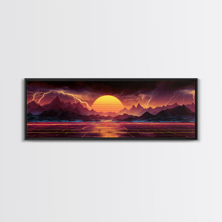 Neon Storm Mountains With Grid Sunset Wall Art, Retro Futuristic Canvas Print, Lightning Landscape For Gaming Room Decor