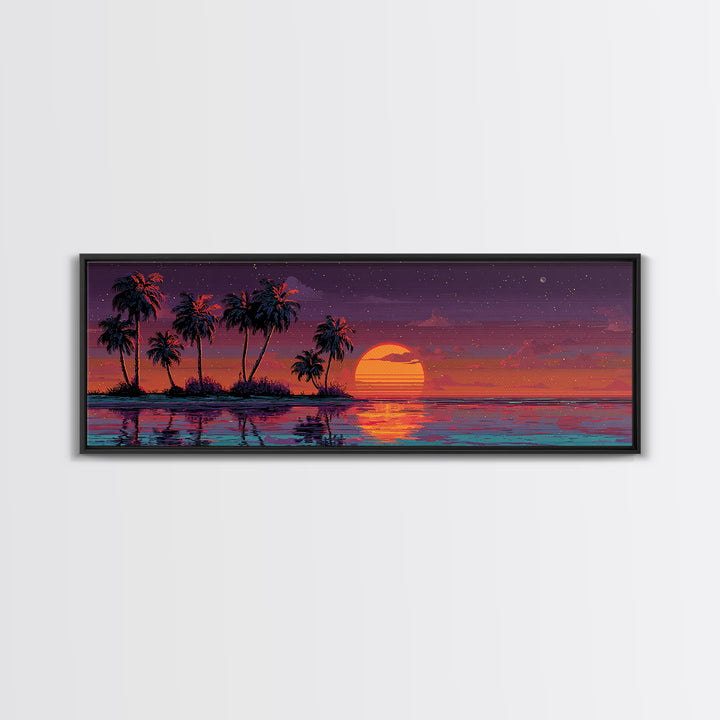 Pixel Tropical Island Wall Art, Sunset Palm Trees Over Ocean, Vibrant Retro Coastal Decor, Beach House Panoramic Canvas Print