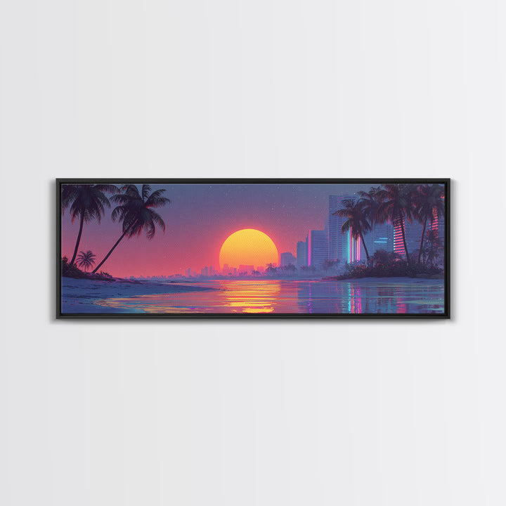 Retro Tropical Sunset Beach Wall Art, Neon Coastal Cityscape Canvas Print, Palm Tree Decor, Vaporwave Modern Bedroom Poster