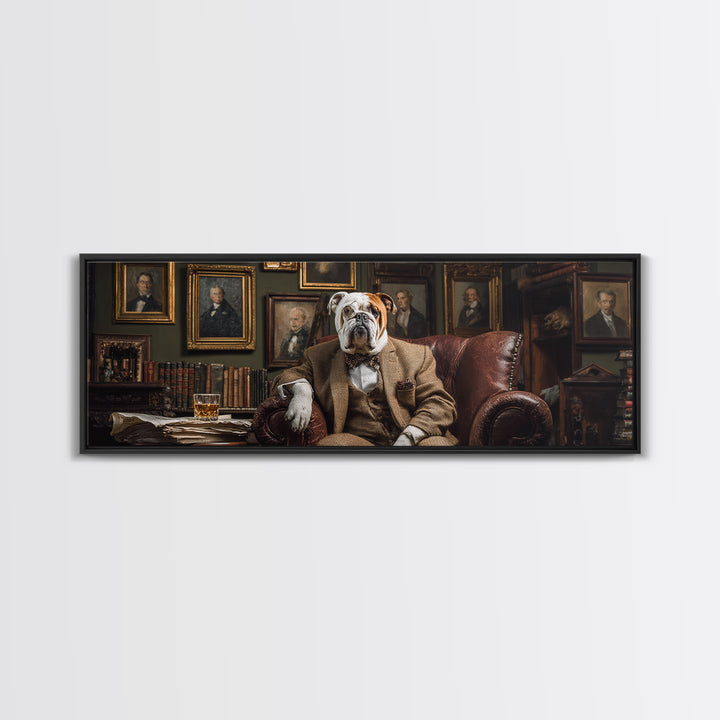 Aristocratic Bulldog In Library Chair Wall Art, Funny Animal Portrait Canvas Print, Dark Academia Office Decor Gift For Him