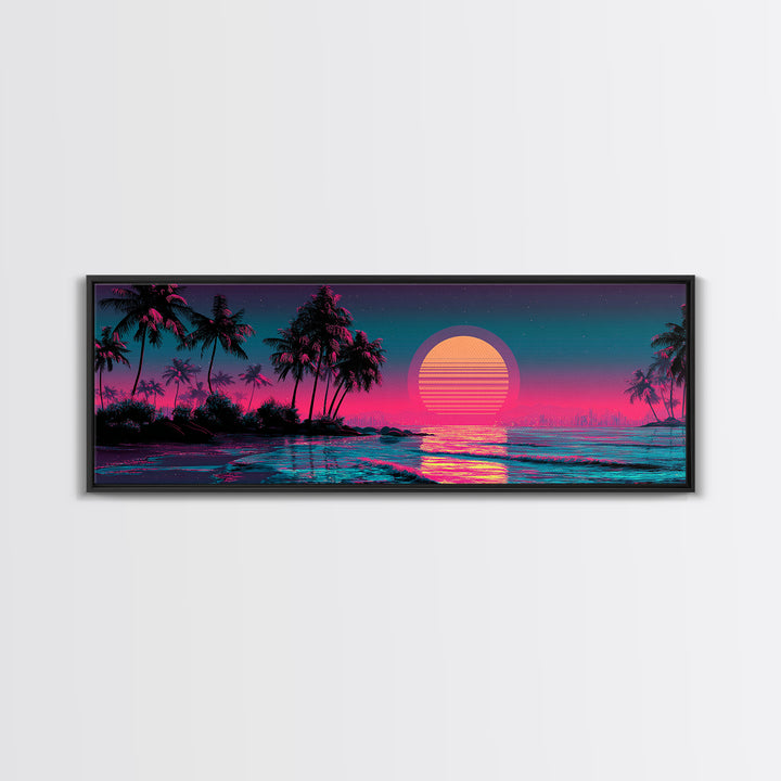 Neon Tropical Palm Sunset Canvas Print, Synthwave Beach Wall Art, Vaporwave Poster, Coastal Decor, Pink Blue Room Decor, Trendy Wall Decor