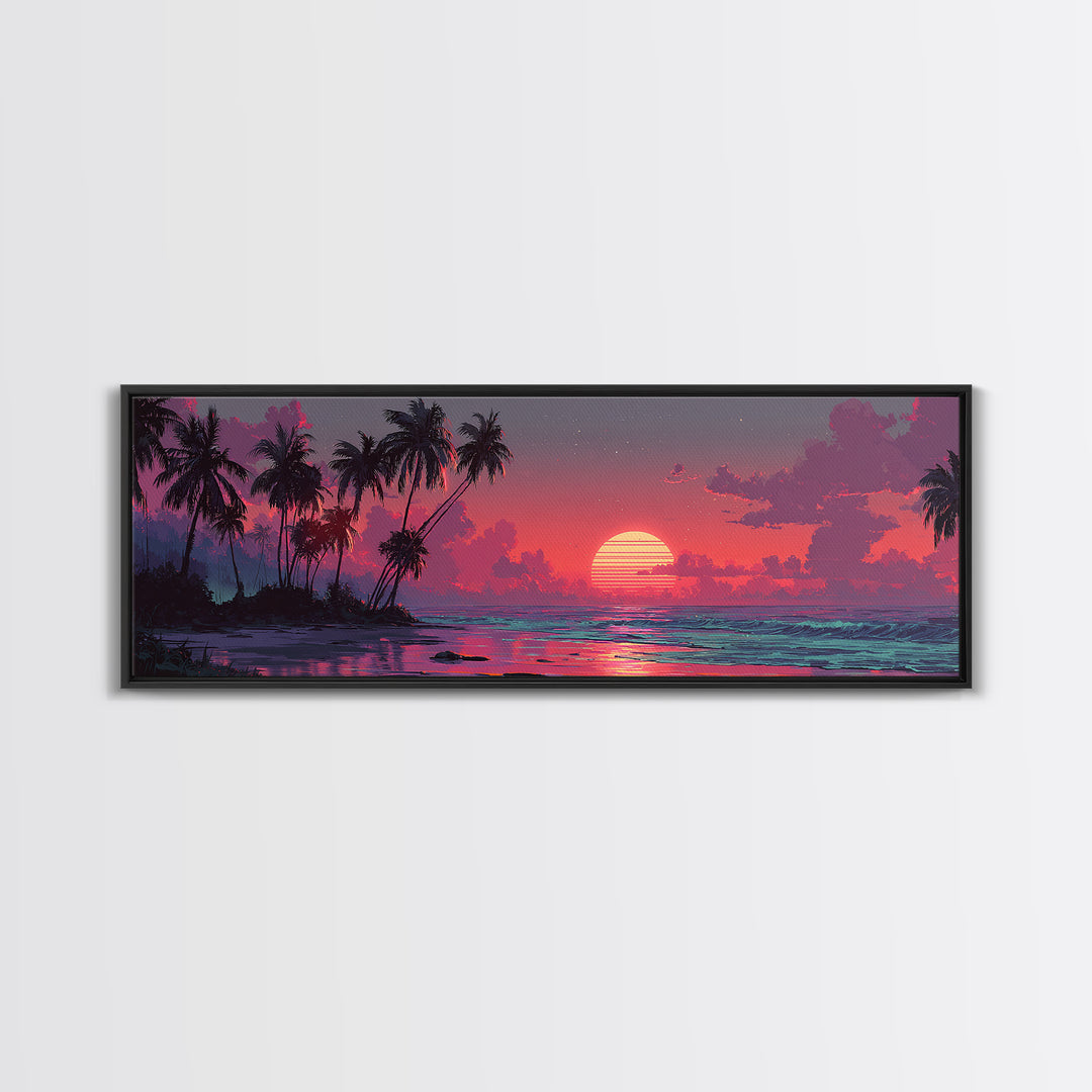 Tropical Island Sunset Canvas Print, Retro Beach Wall Art, Palm Tree Ocean Decor, Modern Coastal Bedroom Poster, Summer Vibes
